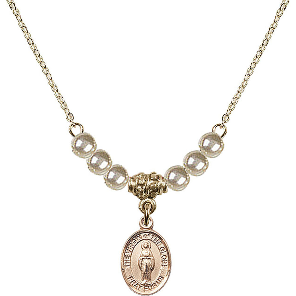 14kt Gold Filled Virgin of the Globe Birthstone Necklace with Faux-Pearl Beads - 9345