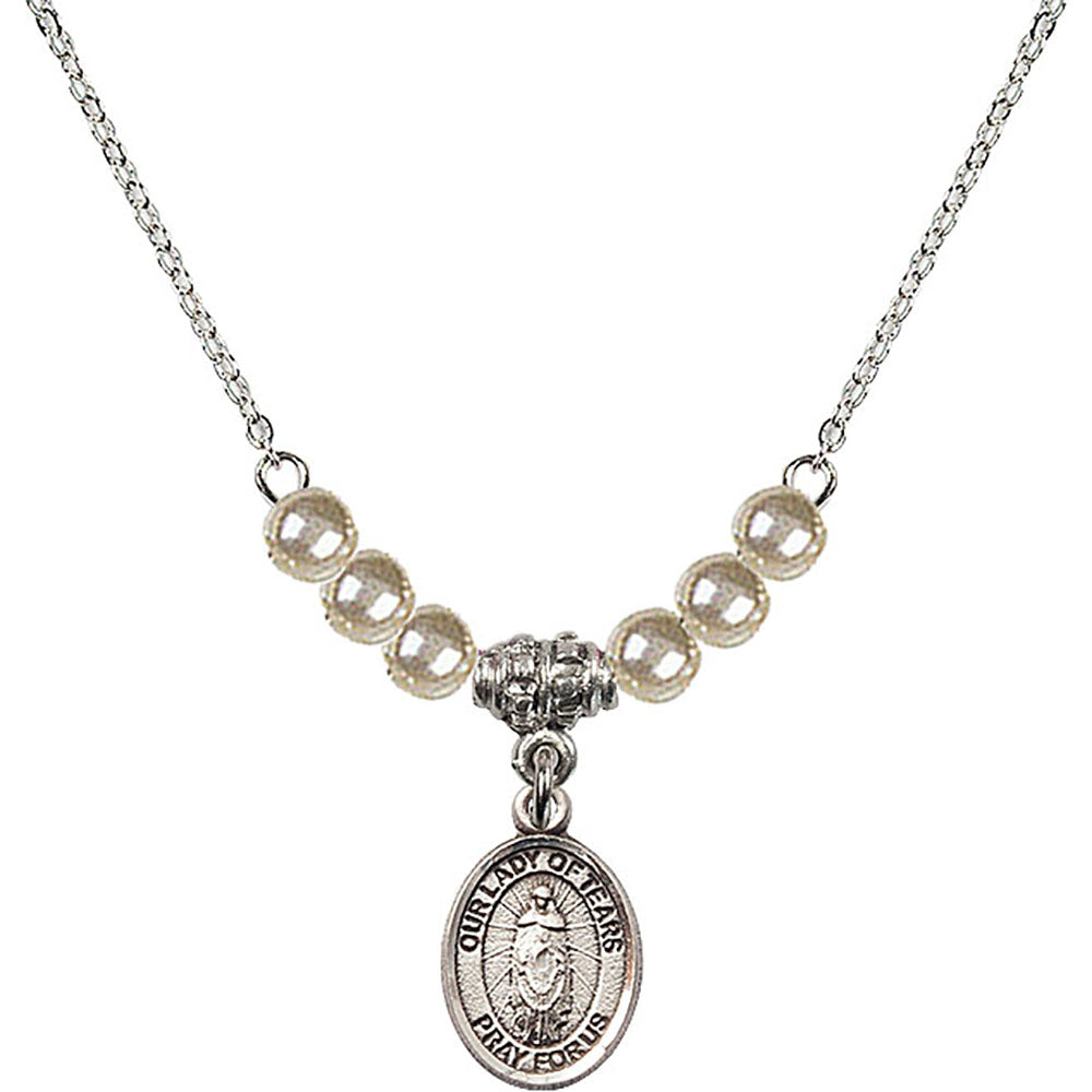 Sterling Silver Our Lady of Tears Birthstone Necklace with Faux-Pearl Beads - 9346