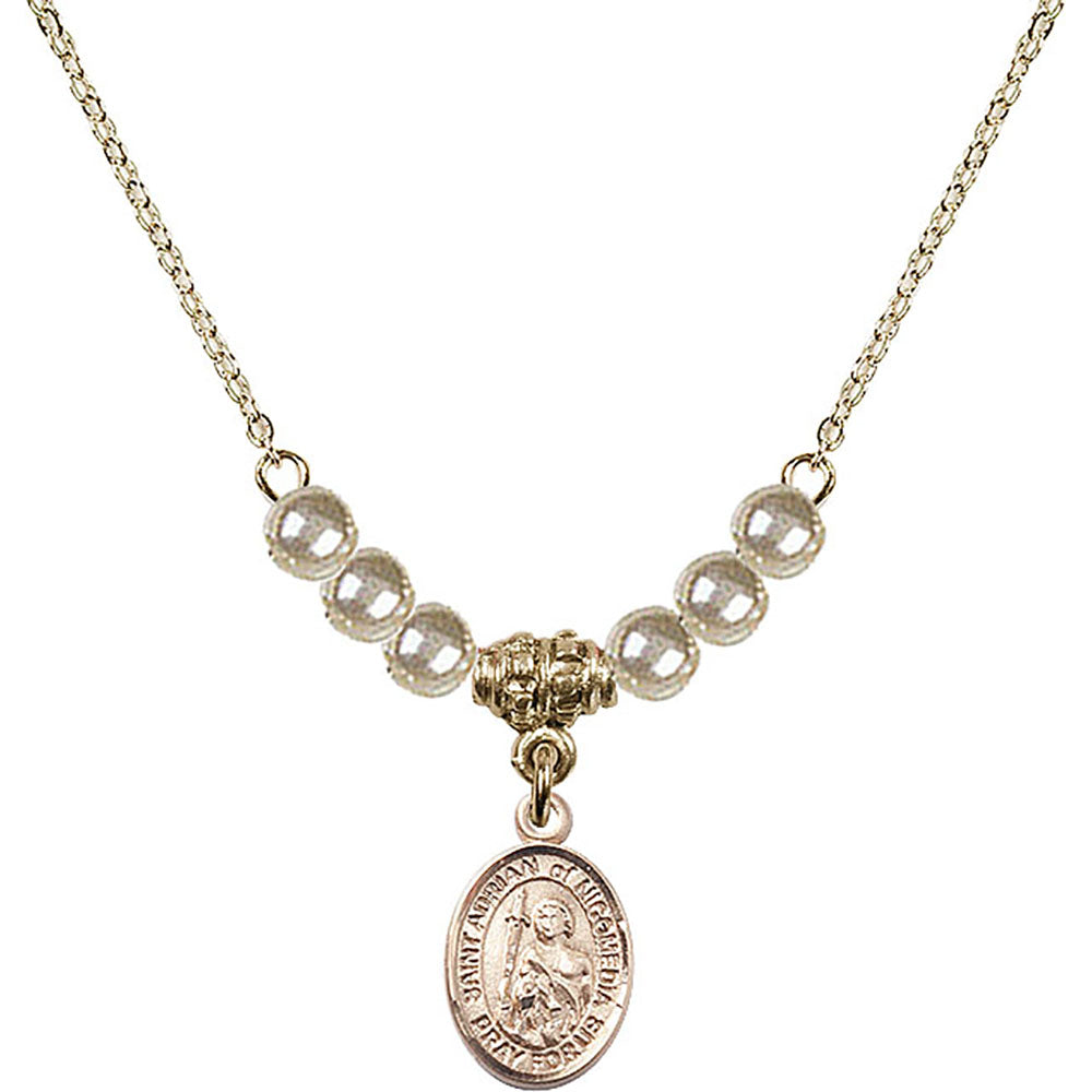14kt Gold Filled Saint Adrian of Nicomedia Birthstone Necklace with Faux-Pearl Beads - 9353