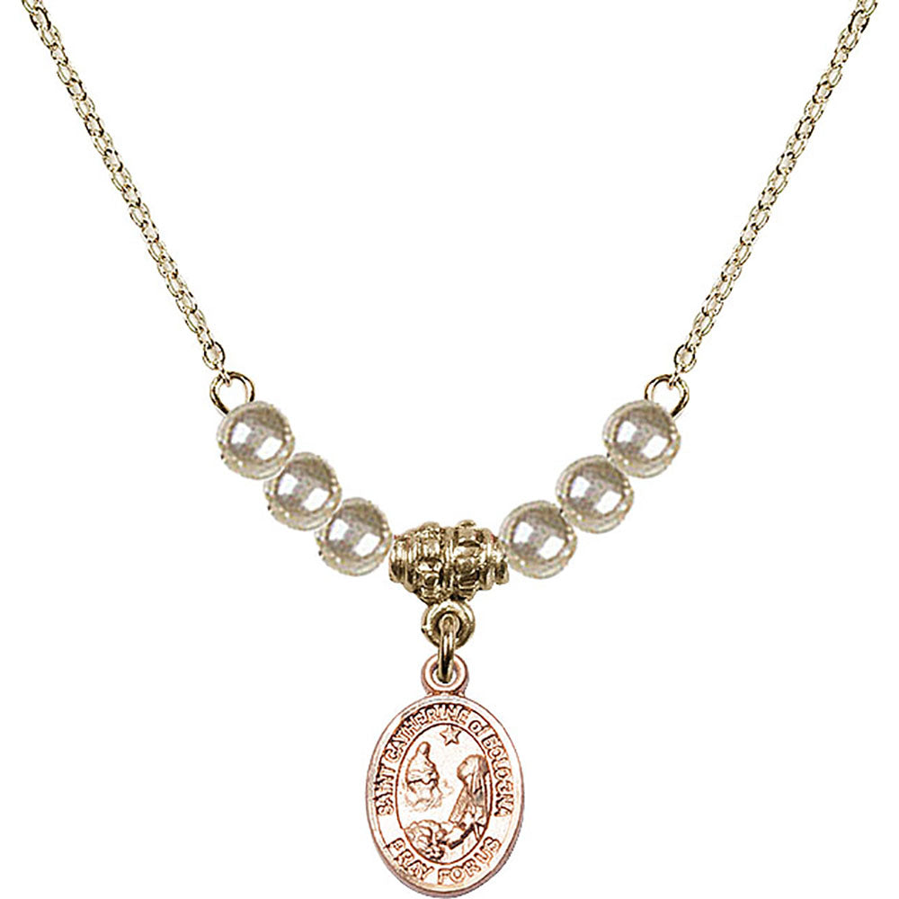14kt Gold Filled Saint Catherine of Bologna Birthstone Necklace with Faux-Pearl Beads - 9354