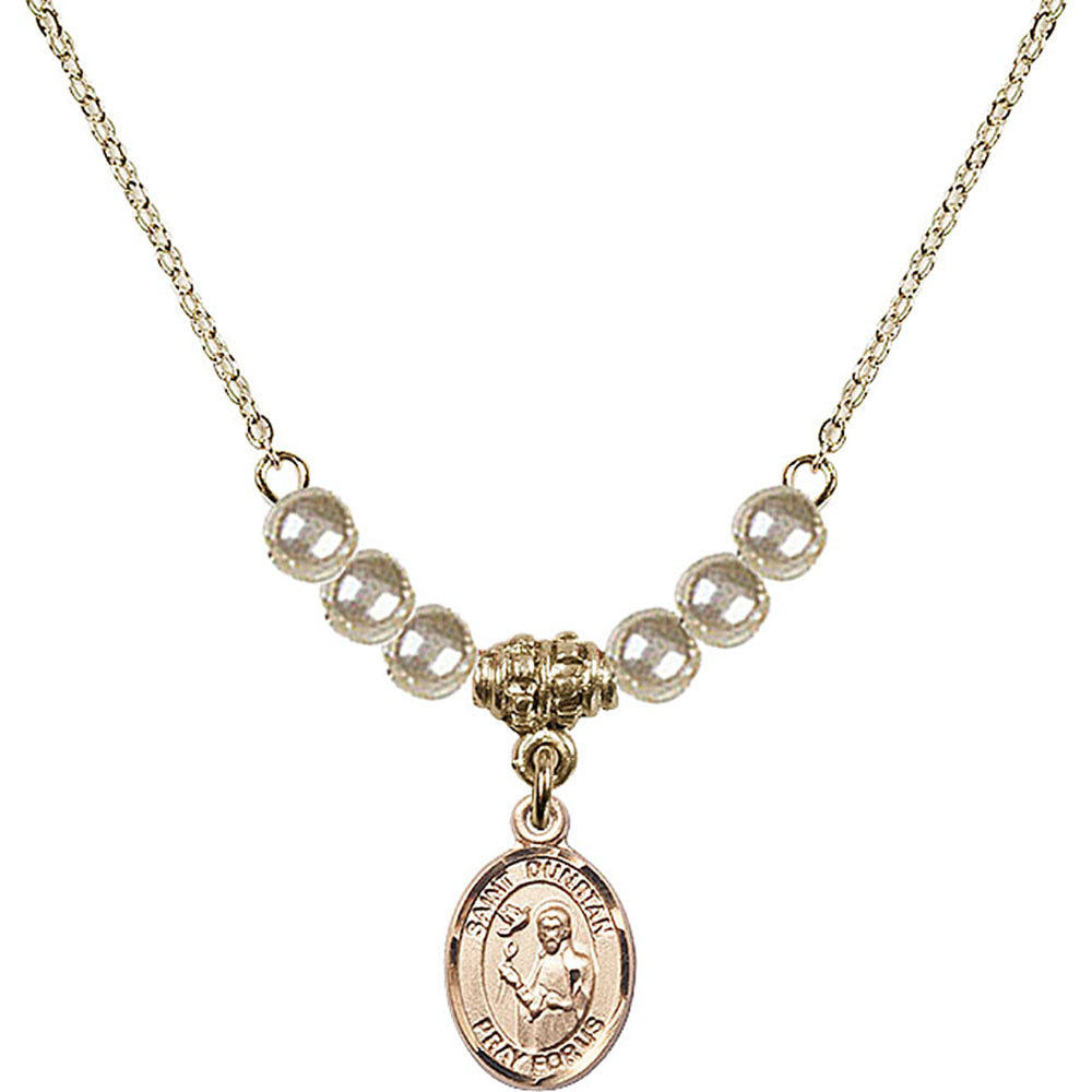 14kt Gold Filled Saint Dunstan Birthstone Necklace with Faux-Pearl Beads - 9355