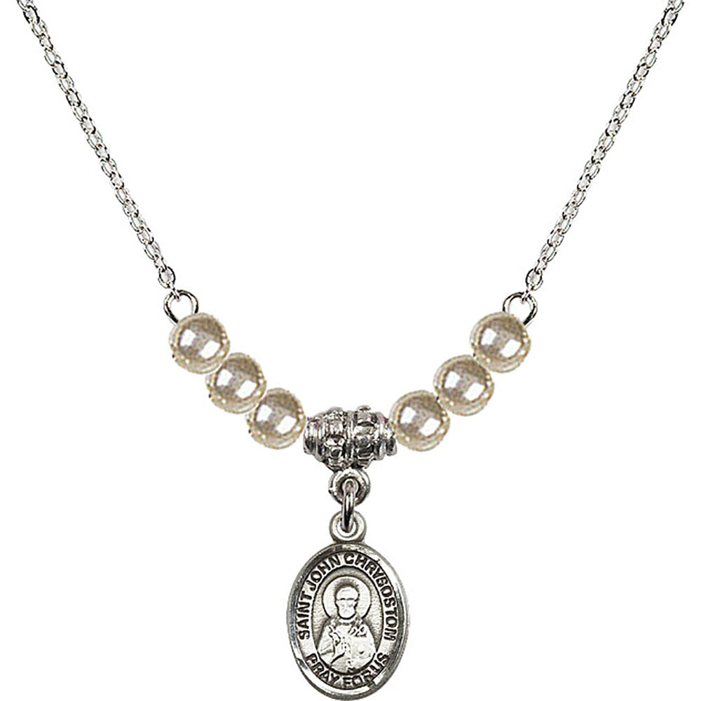Sterling Silver Saint John Chrysostom Birthstone Necklace with Faux-Pearl Beads - 9357
