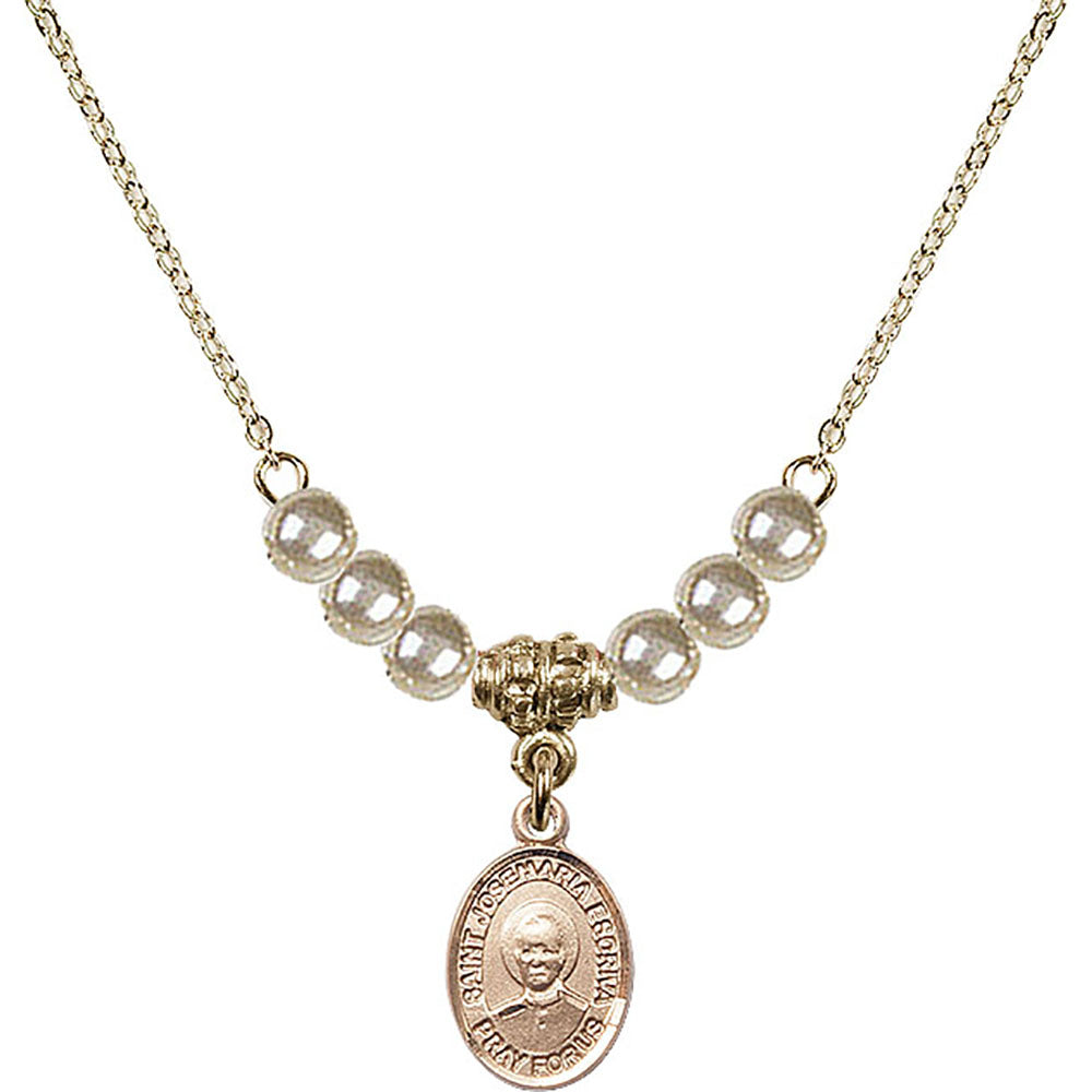 14kt Gold Filled Saint Josemaria Escriva Birthstone Necklace with Faux-Pearl Beads - 9362