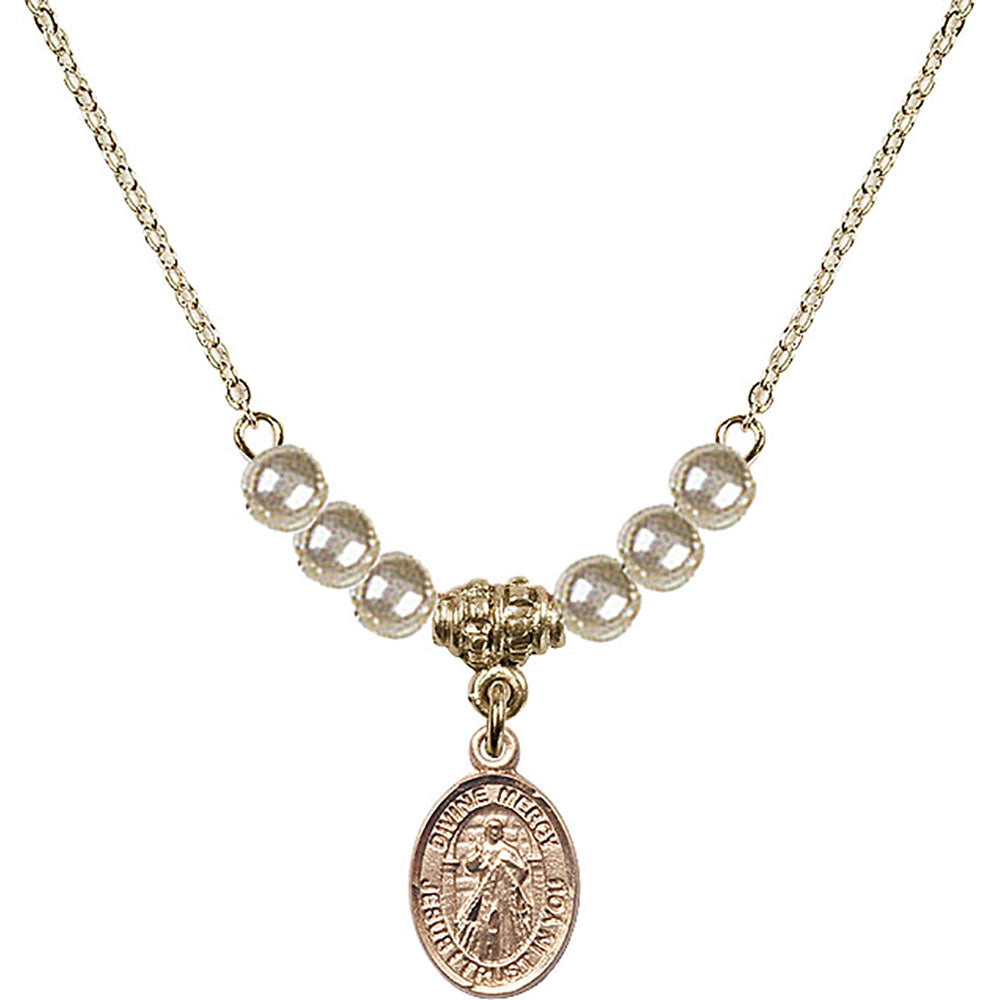 14kt Gold Filled Divine Mercy Birthstone Necklace with Faux-Pearl Beads - 9366