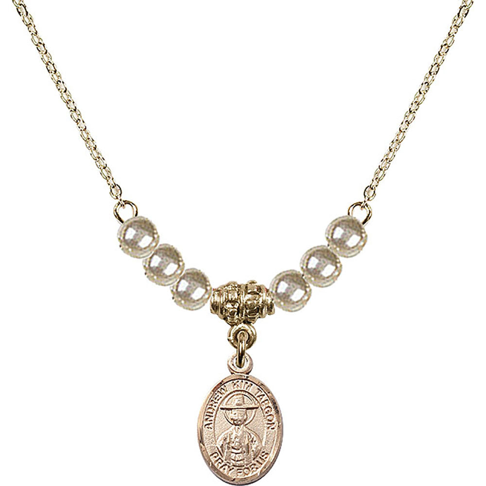14kt Gold Filled Saint Andrew Kim Taegon Birthstone Necklace with Faux-Pearl Beads - 9373