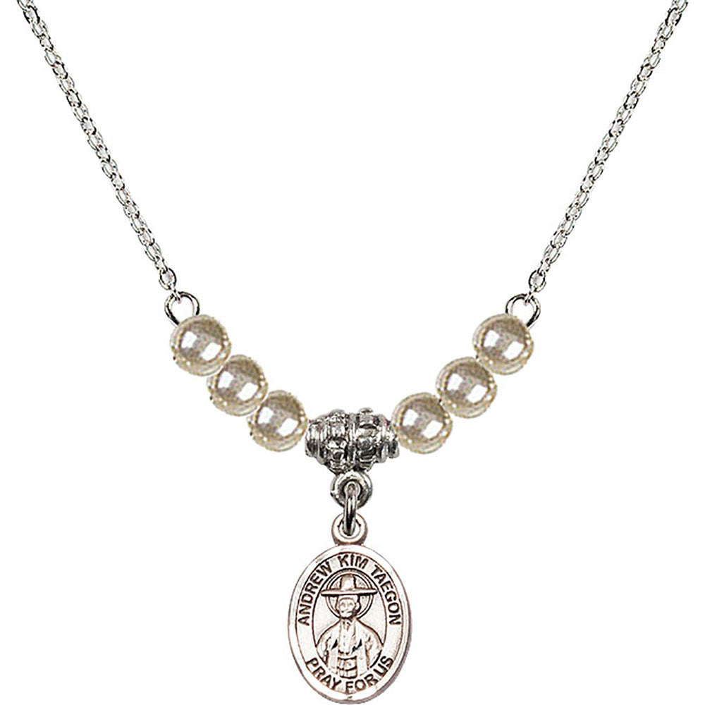 Sterling Silver Saint Andrew Kim Taegon Birthstone Necklace with Faux-Pearl Beads - 9373