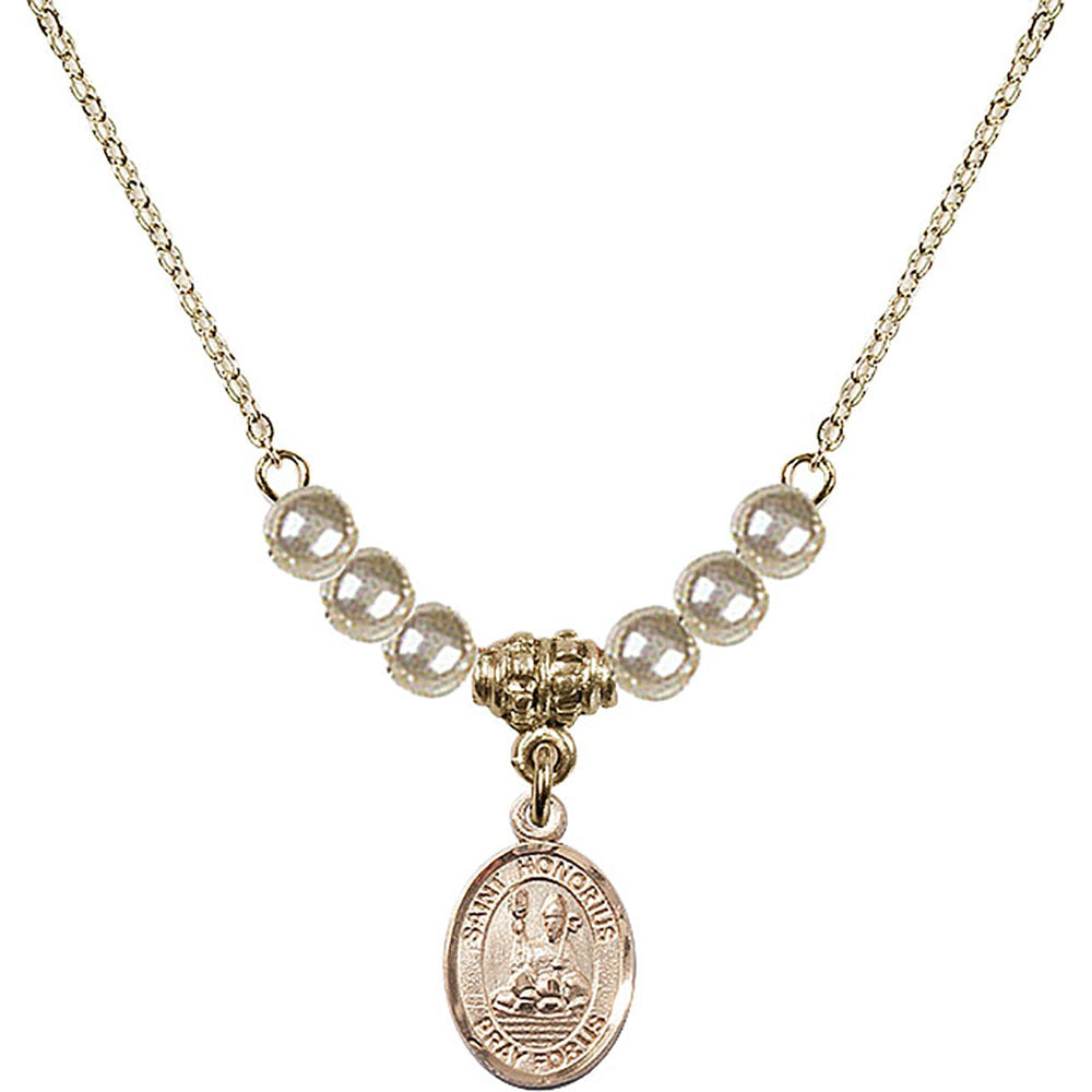 14kt Gold Filled Saint Honorius of Amiens Birthstone Necklace with Faux-Pearl Beads - 9376