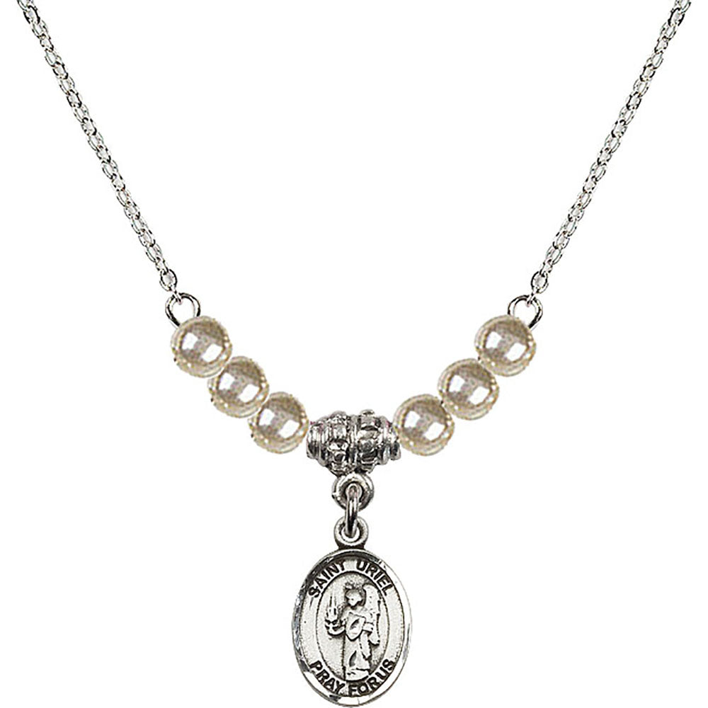 Sterling Silver Saint Uriel the Archangel Birthstone Necklace with Faux-Pearl Beads - 9378