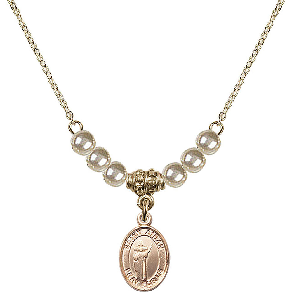 14kt Gold Filled Saint Aidan of Lindesfarne Birthstone Necklace with Faux-Pearl Beads - 9381