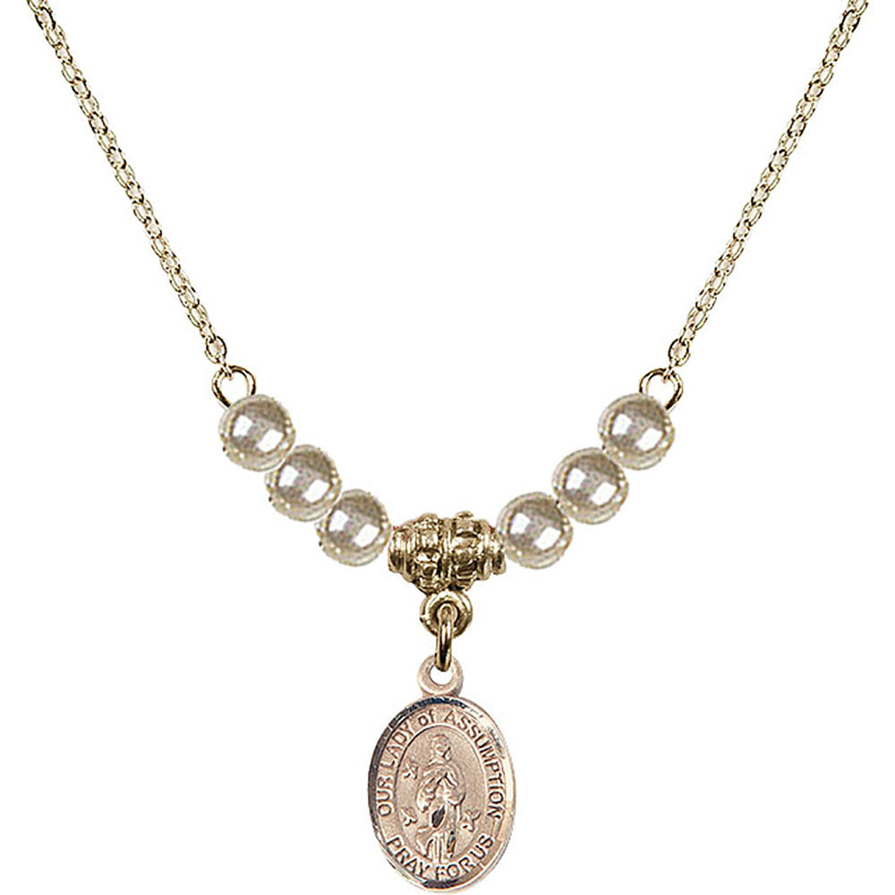 14kt Gold Filled Our Lady of Assumption Birthstone Necklace with Faux-Pearl Beads - 9388