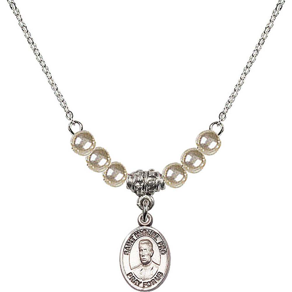 Sterling Silver Blessed Miguel Pro Birthstone Necklace with Faux-Pearl Beads - 9389