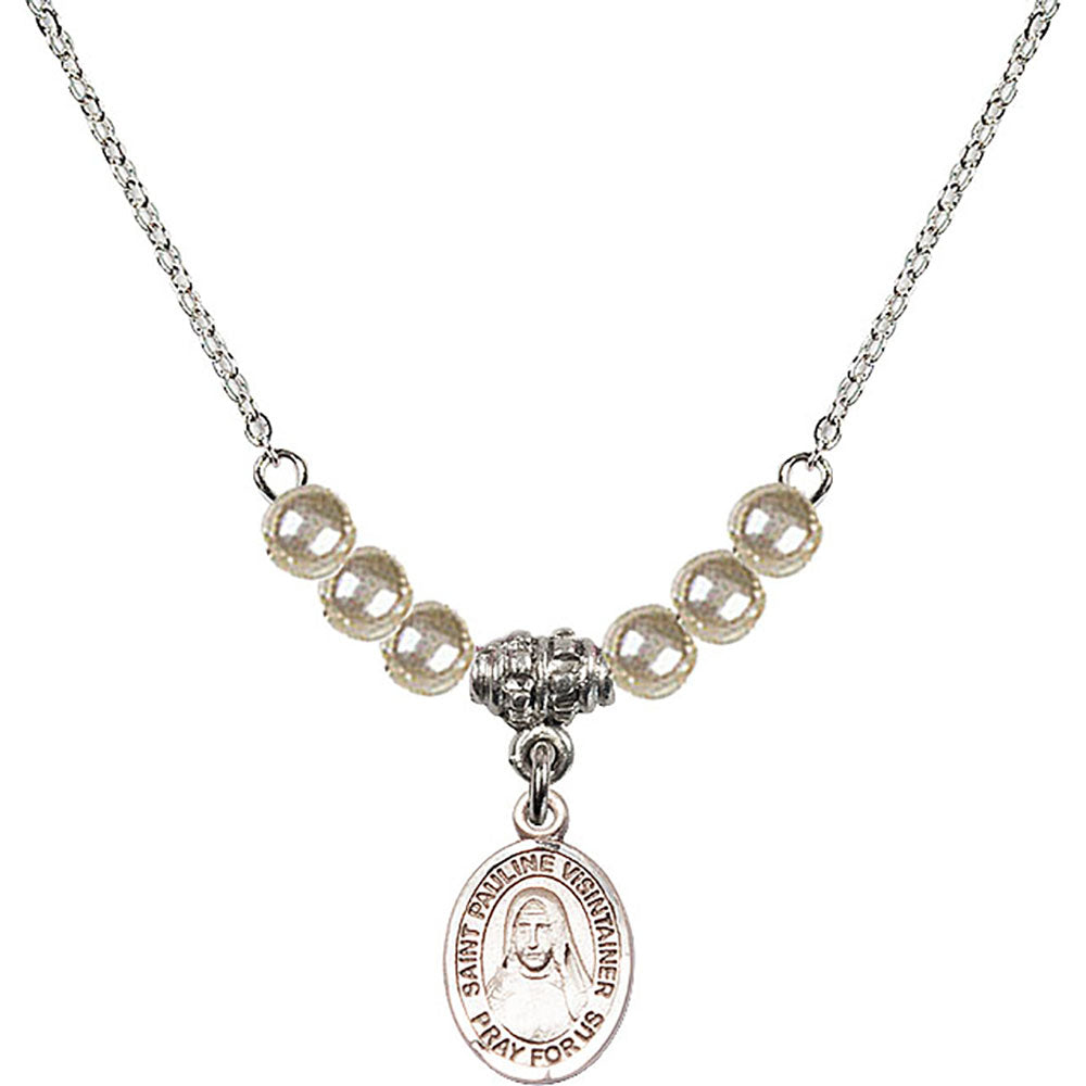 Sterling Silver Saint Pauline Visintainer Birthstone Necklace with Faux-Pearl Beads - 9391