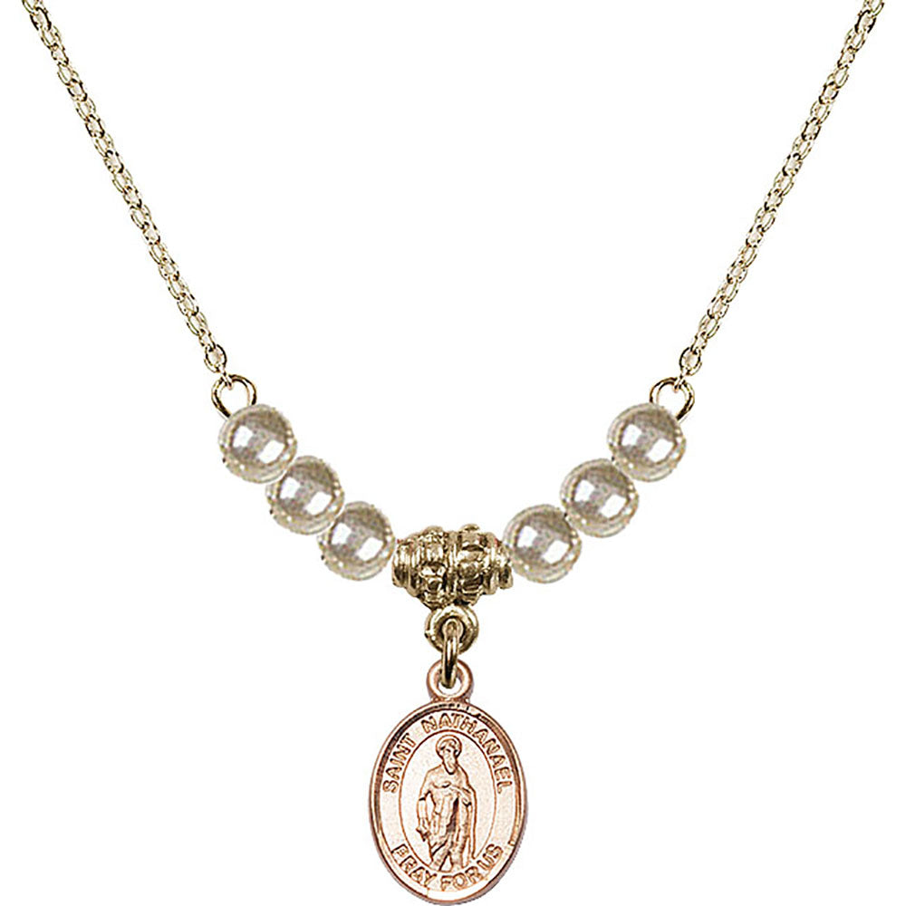 14kt Gold Filled Saint Nathanael Birthstone Necklace with Faux-Pearl Beads - 9398