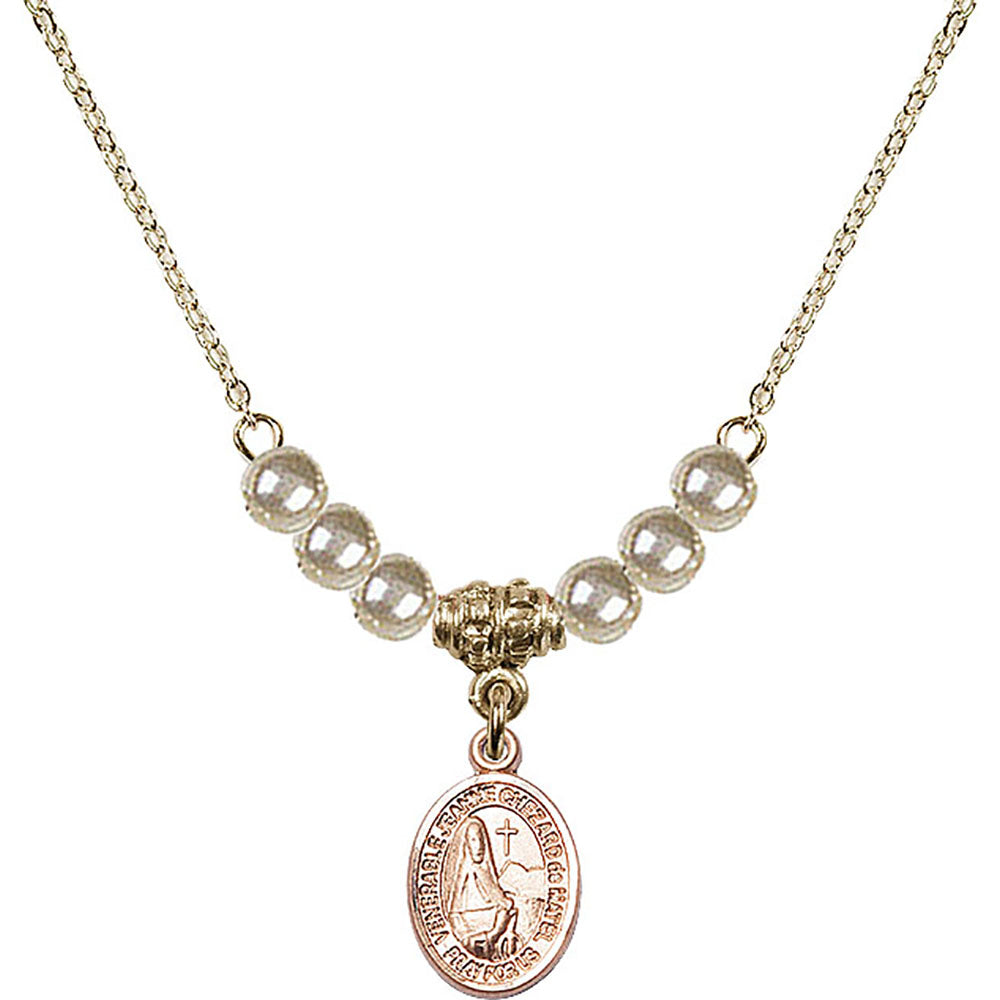 14kt Gold Filled Saint Jeanne Chezard de Matel Birthstone Necklace with Faux-Pearl Beads - 9401
