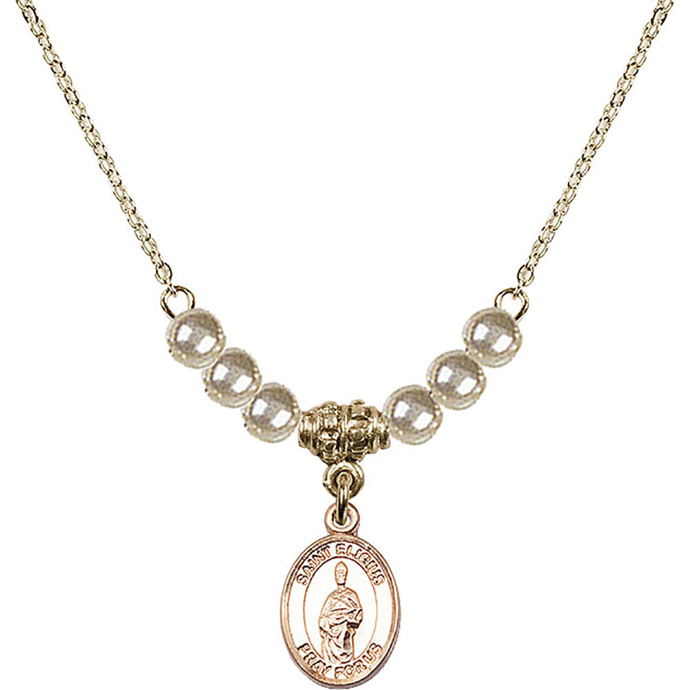 14kt Gold Filled Saint Eligius Birthstone Necklace with Faux-Pearl Beads - 9402