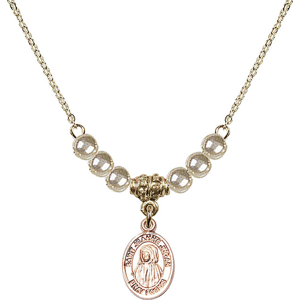14kt Gold Filled Saint Jeanne Jugan Birthstone Necklace with Faux-Pearl Beads - 9409