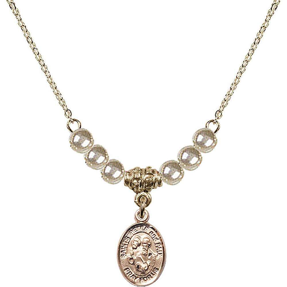 14kt Gold Filled Saints Peter & Paul Birthstone Necklace with Faux-Pearl Beads - 9410