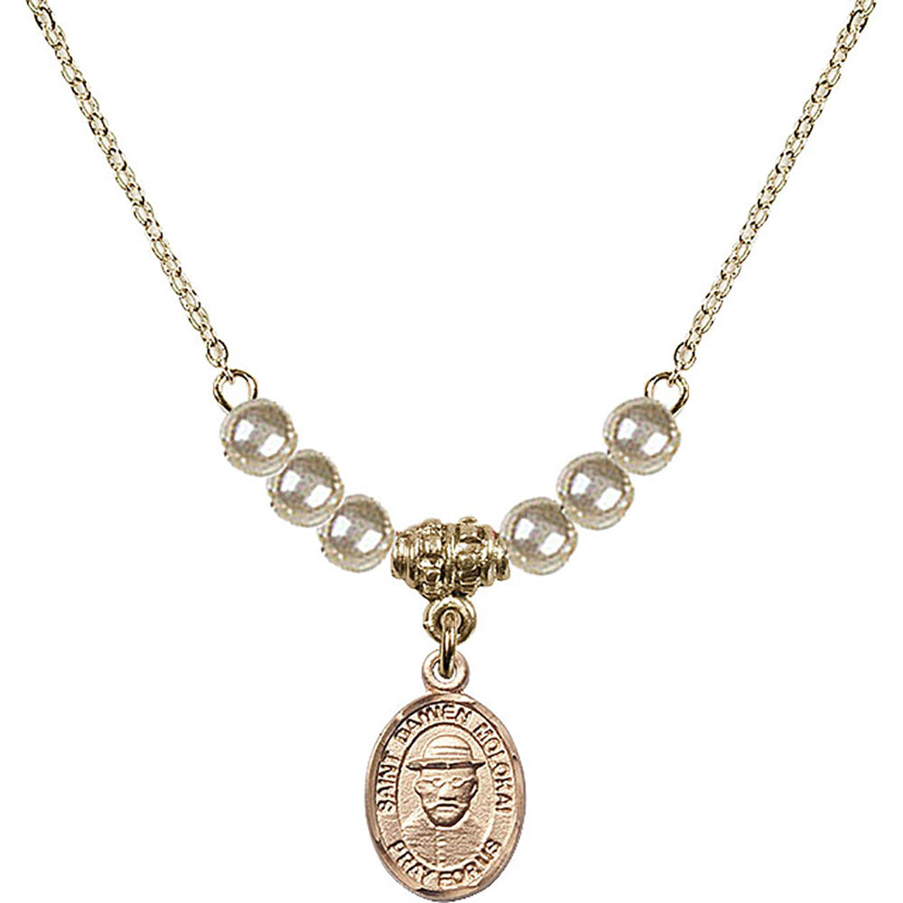 14kt Gold Filled Saint Damien of Molokai Birthstone Necklace with Faux-Pearl Beads - 9412