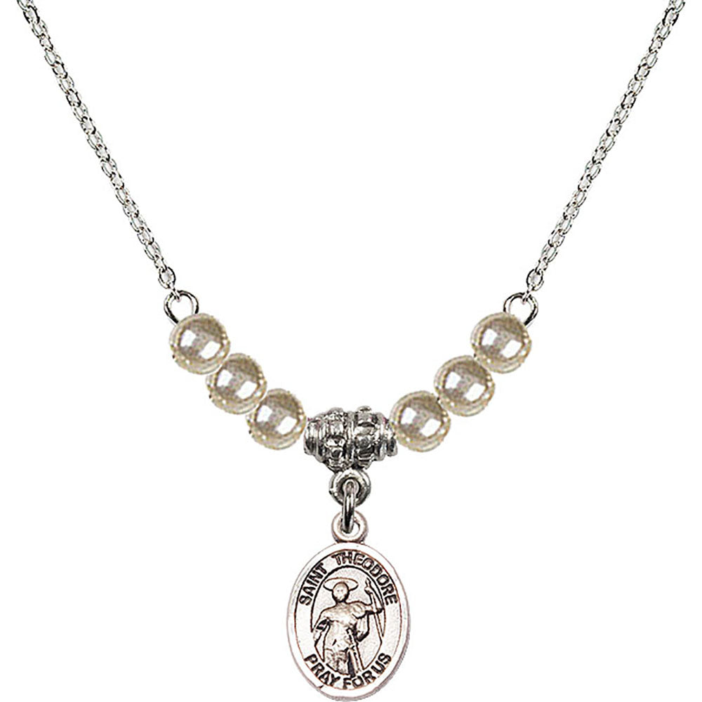 Sterling Silver Saint Theodore Stratelates Birthstone Necklace with Faux-Pearl Beads - 9415