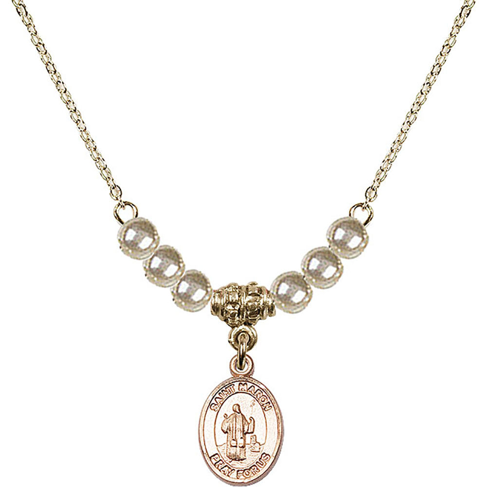 14kt Gold Filled Saint Maron Birthstone Necklace with Faux-Pearl Beads - 9417