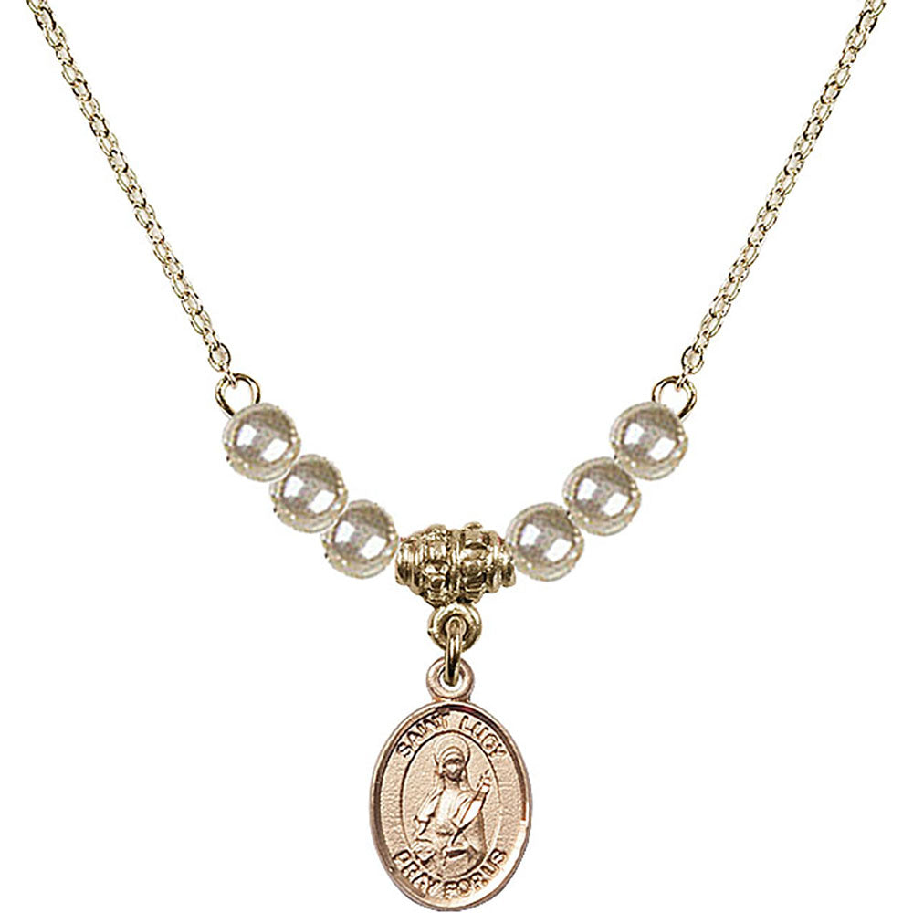 14kt Gold Filled Saint Lucy Birthstone Necklace with Faux-Pearl Beads - 9422