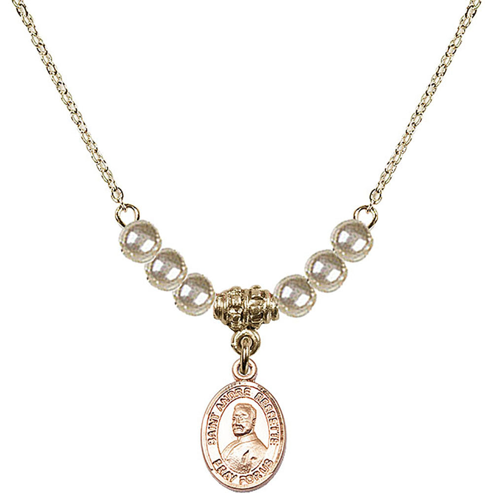 14kt Gold Filled Saint Andre Bessette Birthstone Necklace with Faux-Pearl Beads - 9424