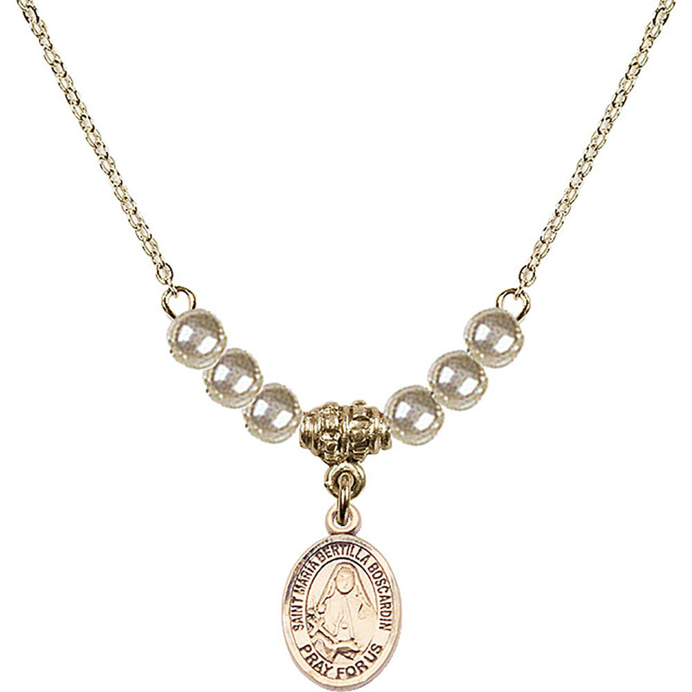 14kt Gold Filled Saint Maria Bertilla Boscardin Birthstone Necklace with Faux-Pearl Beads - 9428