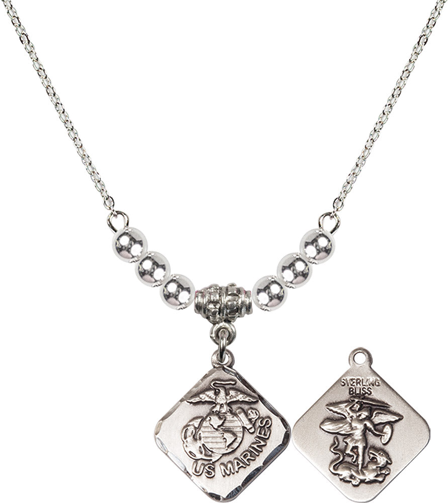 Sterling Silver Marines Diamond Birthstone Necklace with Sterling Silver Beads - 1180