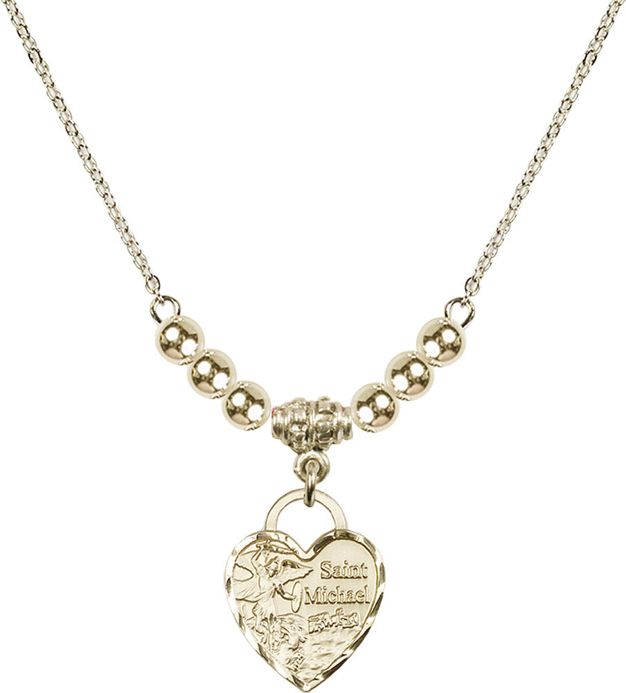 14kt Gold Filled Saint Michael Heart Birthstone Necklace with Gold Filled Beads - 3403