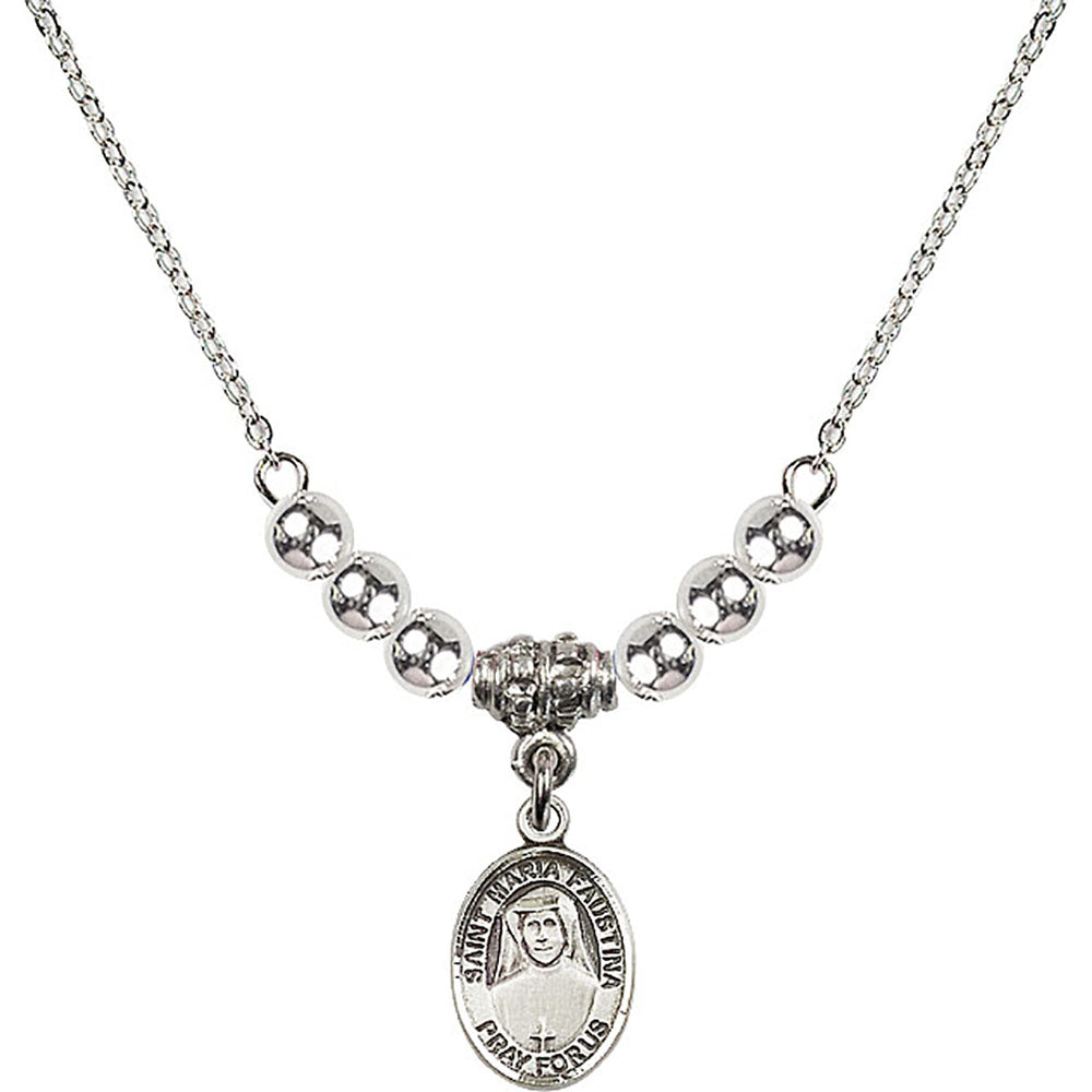 Sterling Silver Saint Maria Faustina Birthstone Necklace with Sterling Silver Beads - 9069