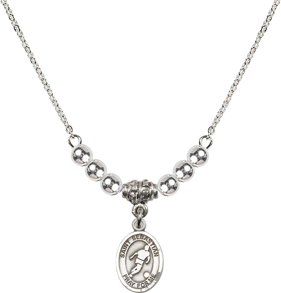 Sterling Silver Saint Sebastian/Soccer Birthstone Necklace with Sterling Silver Beads - 9164