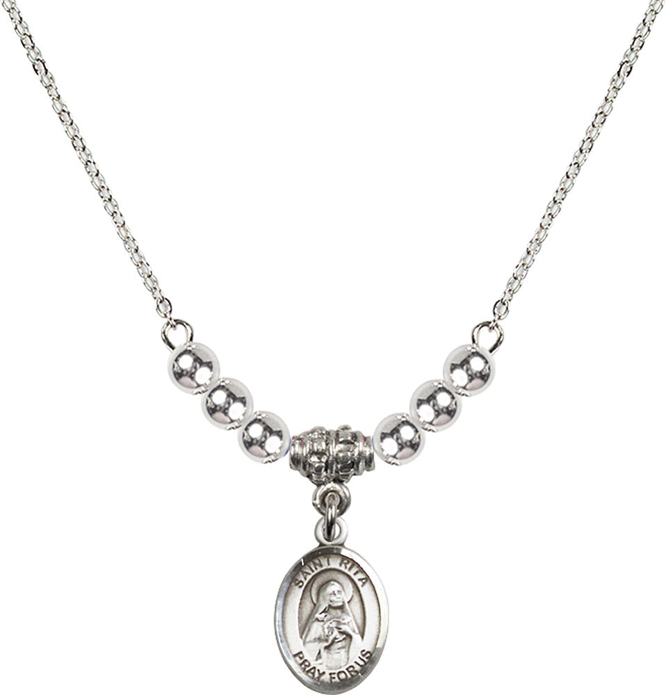 Sterling Silver Saint Rita / Baseball Birthstone Necklace with Sterling Silver Beads - 9181