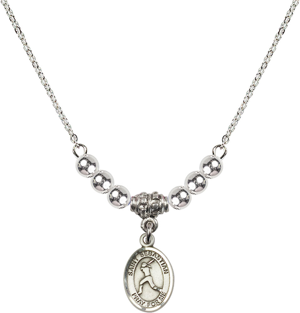 Sterling Silver Saint Sebastian/Softball Birthstone Necklace with Sterling Silver Beads - 9183