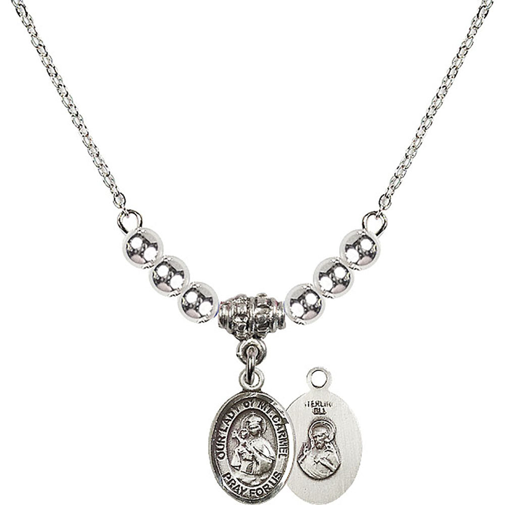 Sterling Silver Our Lady of Mount Carmel Birthstone Necklace with Sterling Silver Beads - 9243