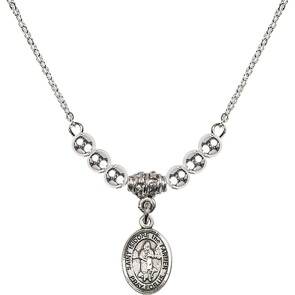 Sterling Silver Saint Isidore the Farmer Birthstone Necklace with Sterling Silver Beads - 9276
