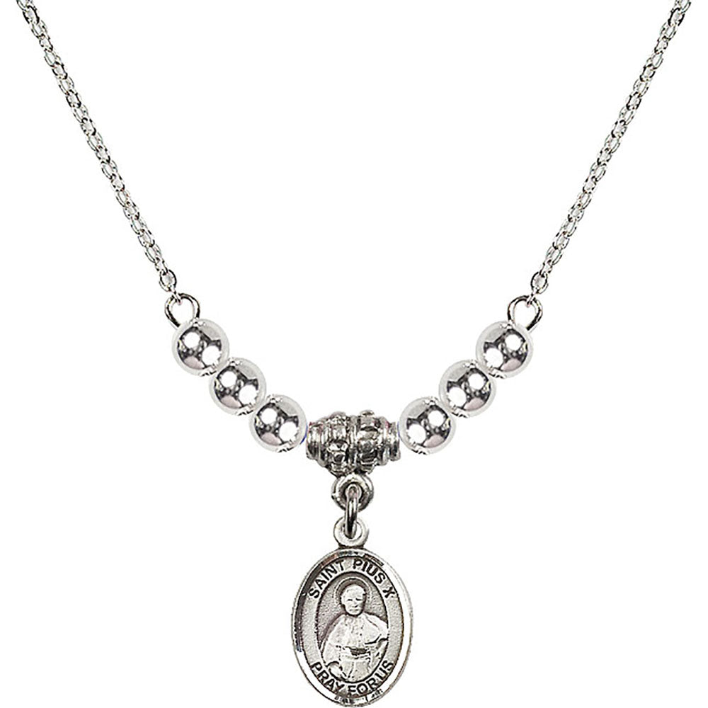 Sterling Silver Saint Pius X Birthstone Necklace with Sterling Silver Beads - 9305