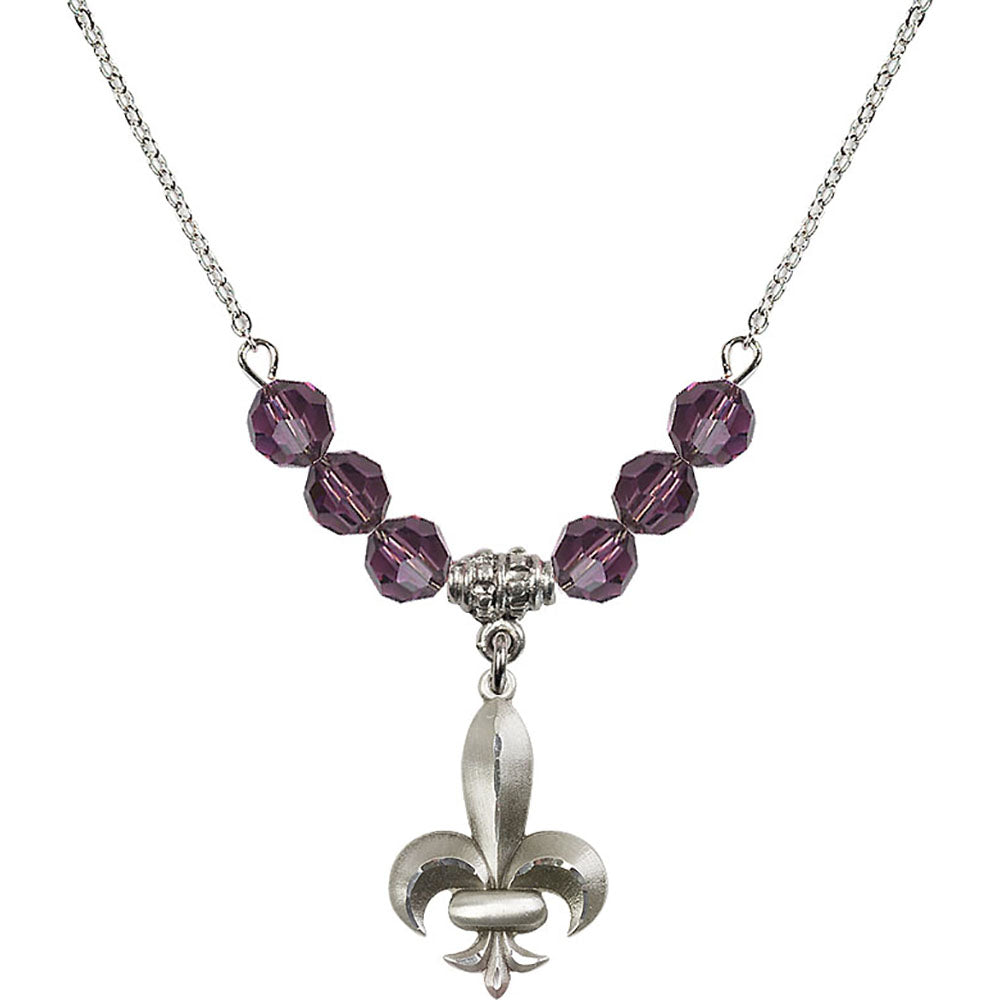 Sterling Silver Fleur de Lis Birthstone Necklace with Amethyst Beads - 0294