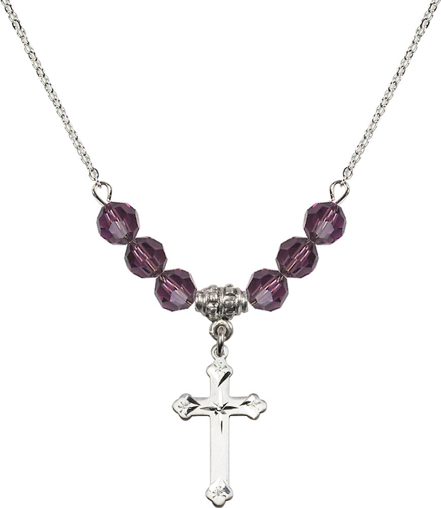 Sterling Silver Cross Birthstone Necklace with Amethyst Beads - 0667
