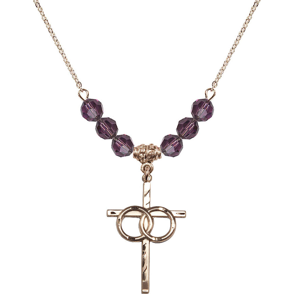 14kt Gold Filled Wedding Rings Cross Birthstone Necklace with Amethyst Beads - 0671