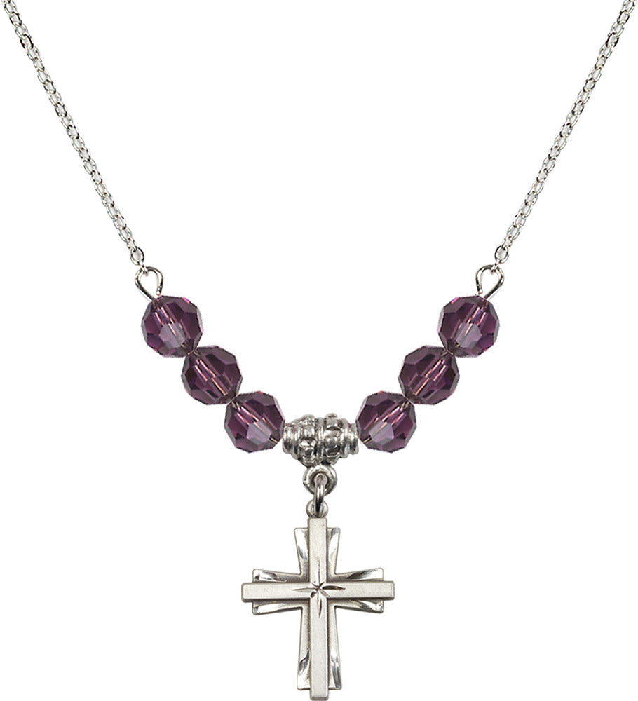 Sterling Silver Cross Birthstone Necklace with Amethyst Beads - 0675