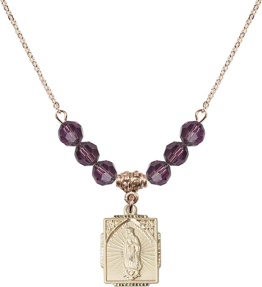 14kt Gold Filled Our Lady of Guadalupe Birthstone Necklace with Amethyst Beads - 0804
