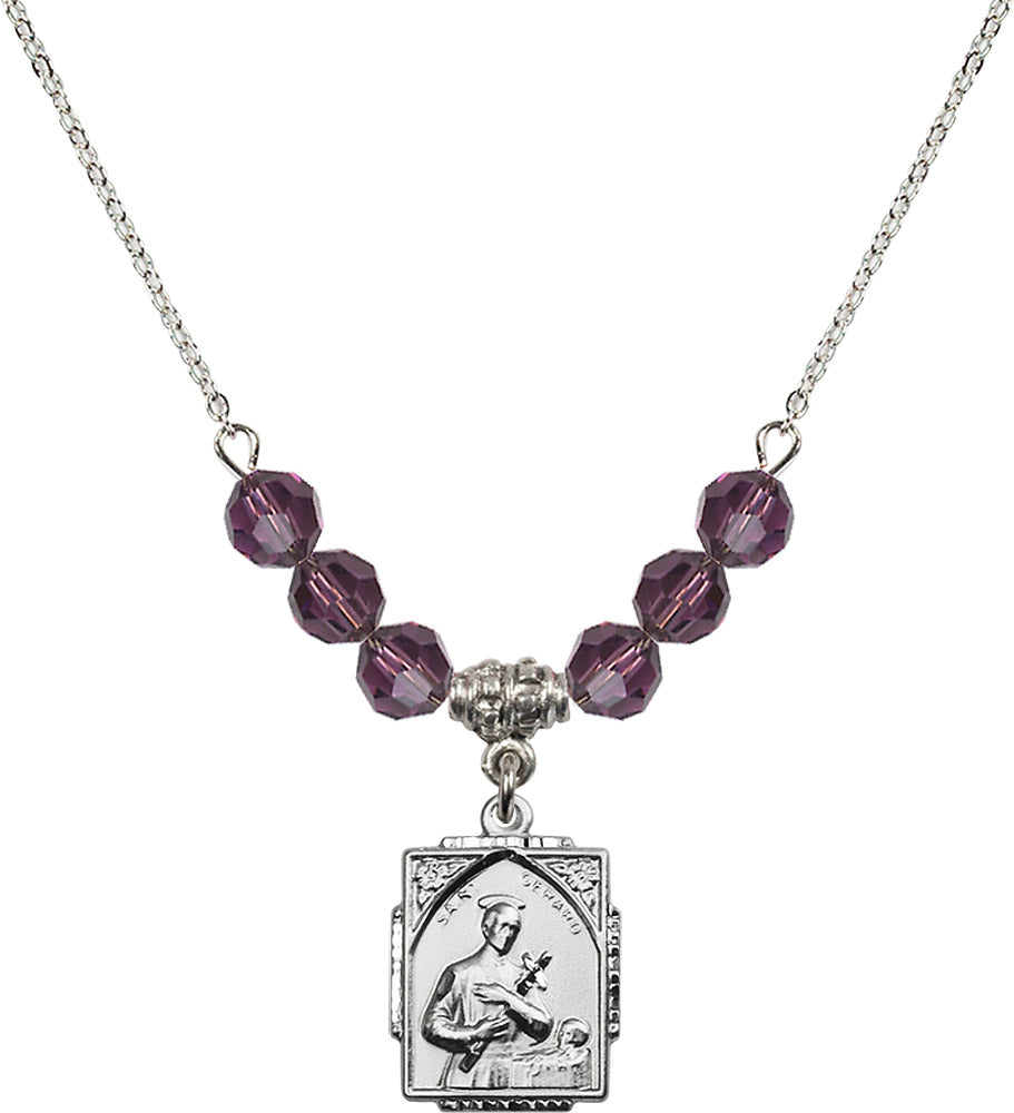 Sterling Silver Saint Gerard Birthstone Necklace with Amethyst Beads - 0804