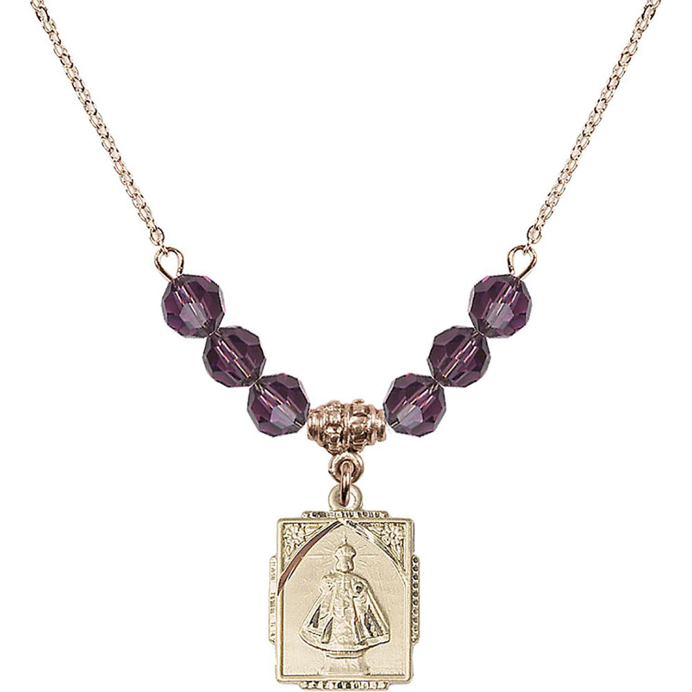14kt Gold Filled Infant of Prague Birthstone Necklace with Amethyst Beads - 0804