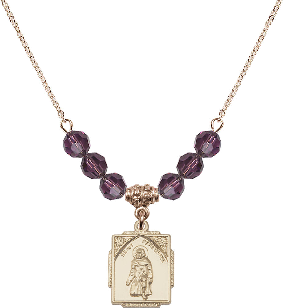 14kt Gold Filled Saint Peregrine Birthstone Necklace with Amethyst Beads - 0804