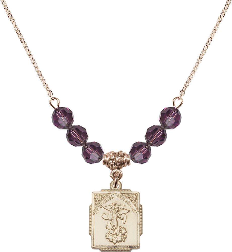 14kt Gold Filled Saint Michael the Archangel Birthstone Necklace with Amethyst Beads - 0804