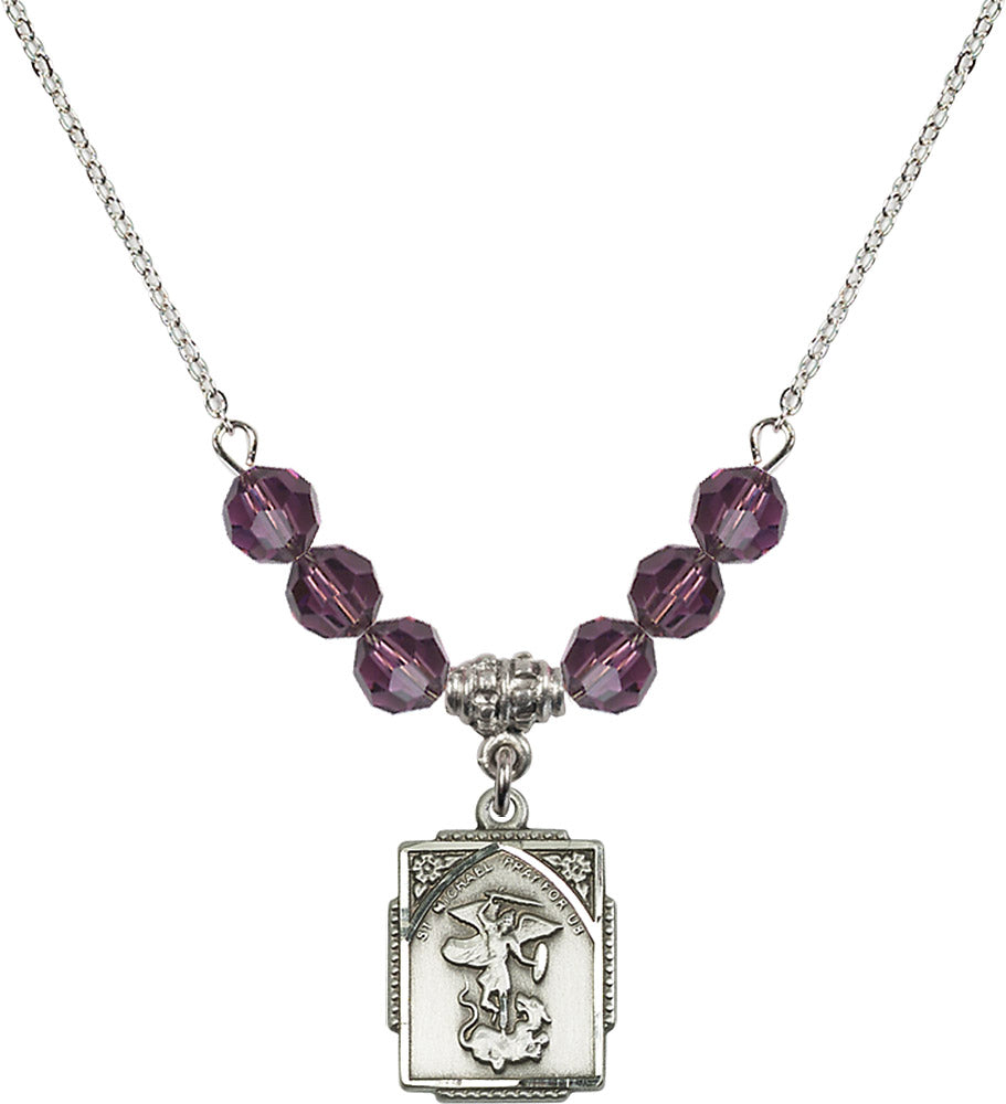 Sterling Silver Saint Michael the Archangel Birthstone Necklace with Amethyst Beads - 0804
