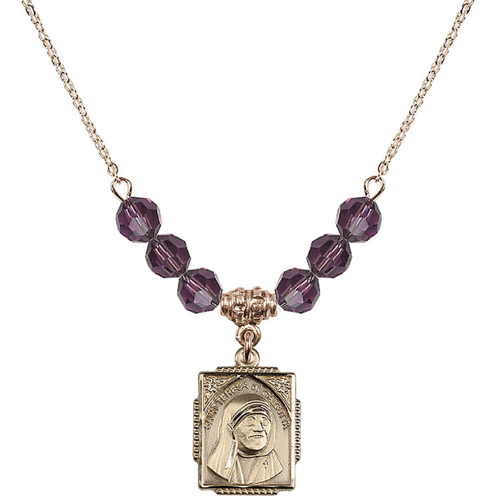 14kt Gold Filled Saint Teresa of Calcutta Birthstone Necklace with Amethyst Beads - 0804