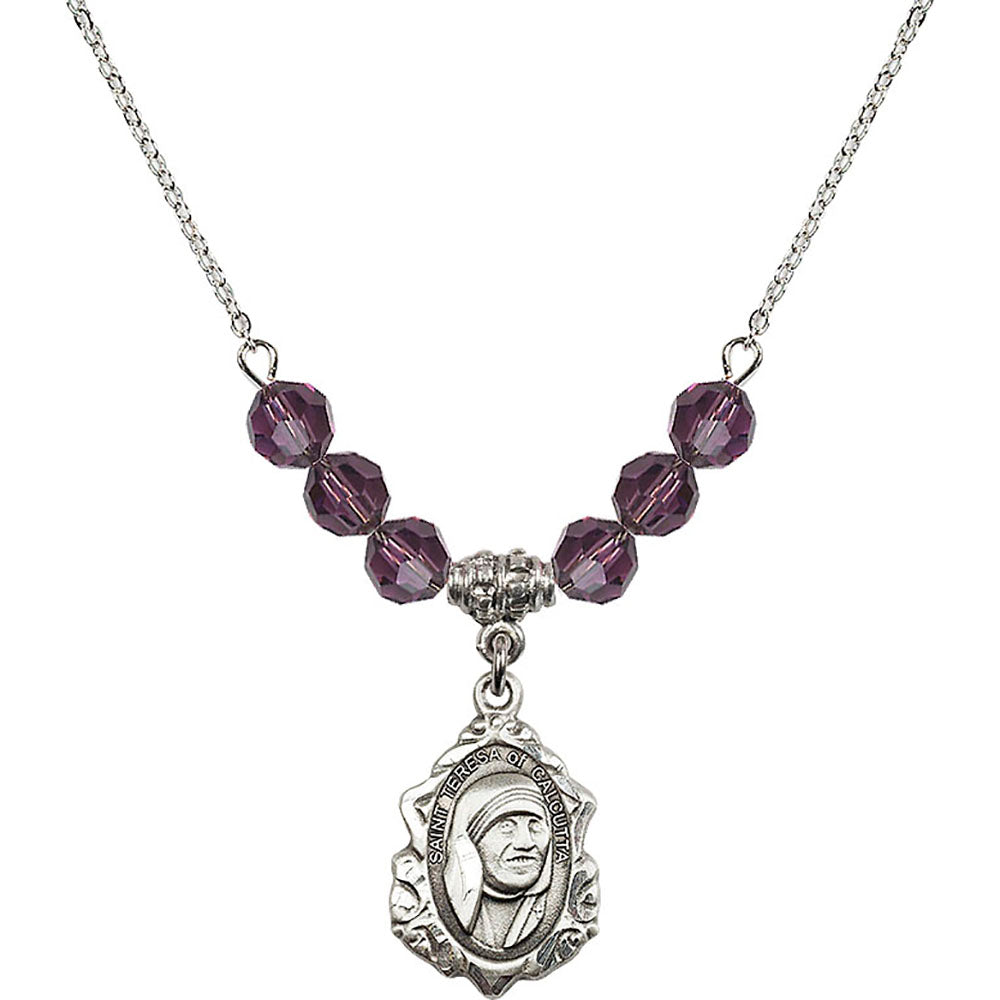 Sterling Silver Saint Teresa of Calcutta Birthstone Necklace with Amethyst Beads - 0812