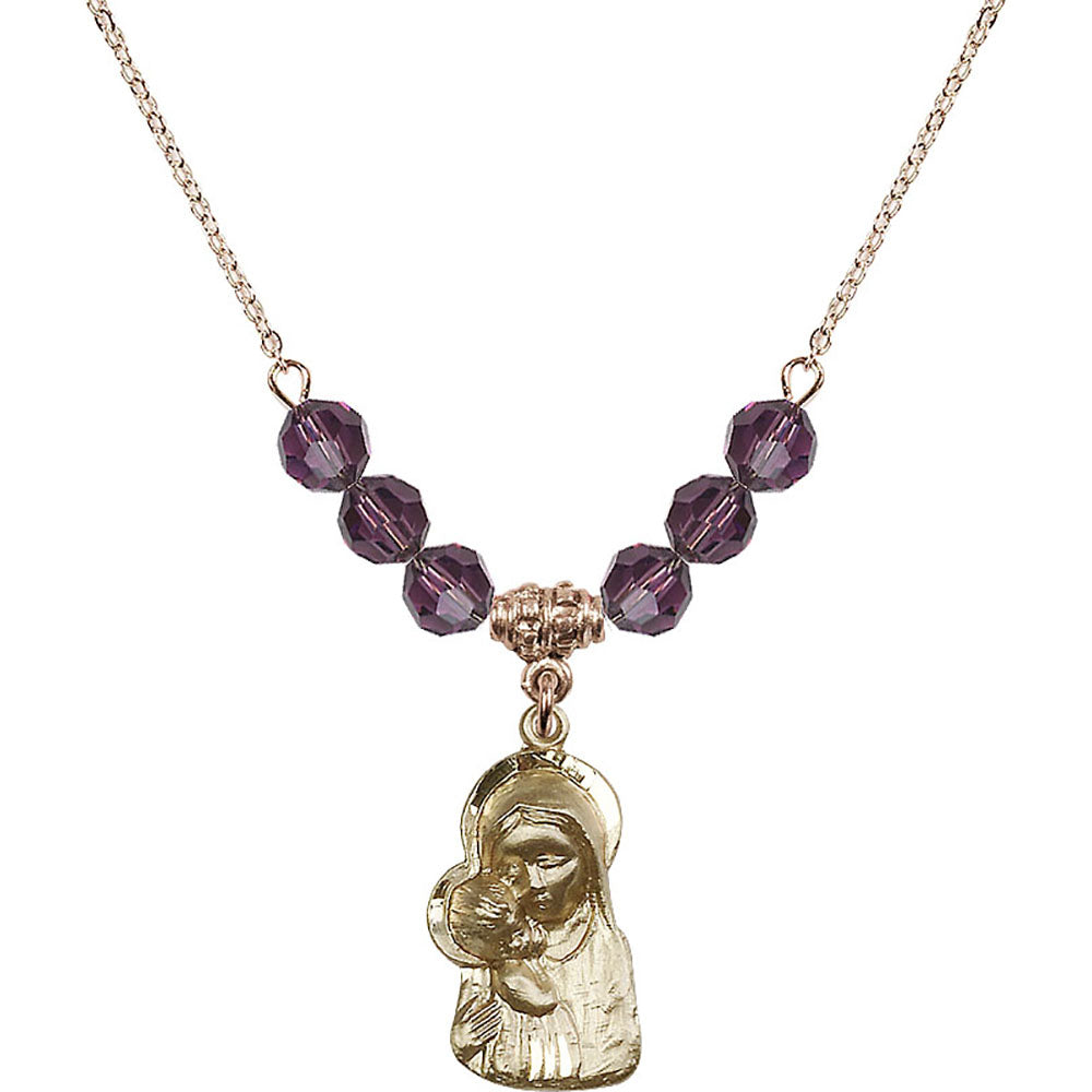 14kt Gold Filled Madonna & Child Birthstone Necklace with Amethyst Beads - 1612