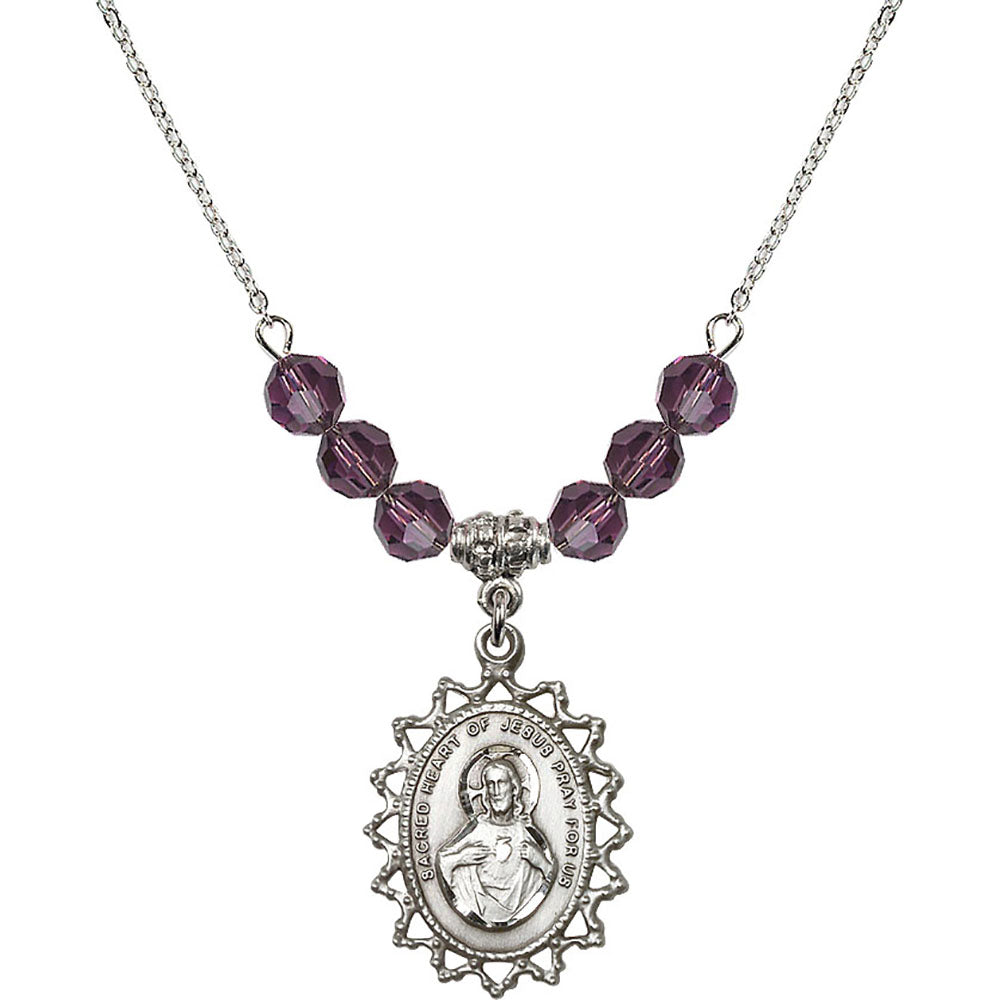 Sterling Silver Scapular Birthstone Necklace with Amethyst Beads - 1619
